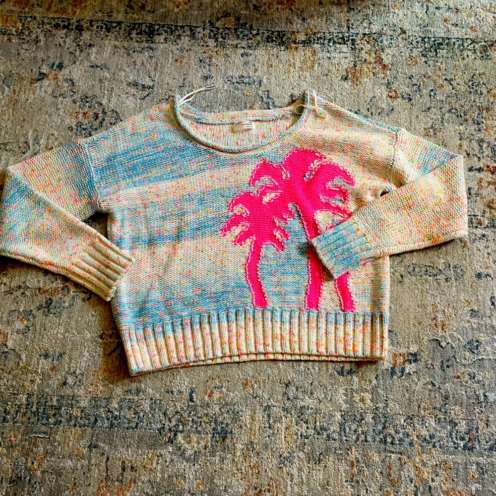Anthropologie Multicolor Crew Neck Sweater with Pink Palm Trees